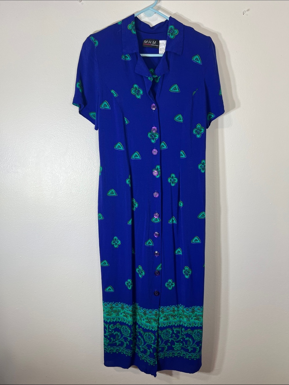M.M. Vintage-Inspired Royal Blue Button-Front Maxi Dress with Green Motif